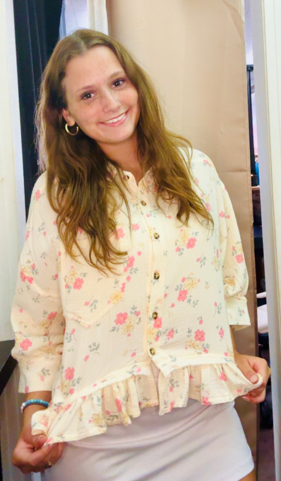 Floral Crinkle Quarter Sleeve Ruffle Hem Top
