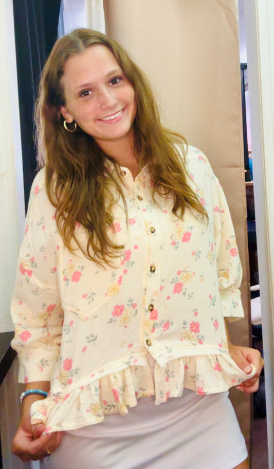 Floral Crinkle Quarter Sleeve Ruffle Hem Top