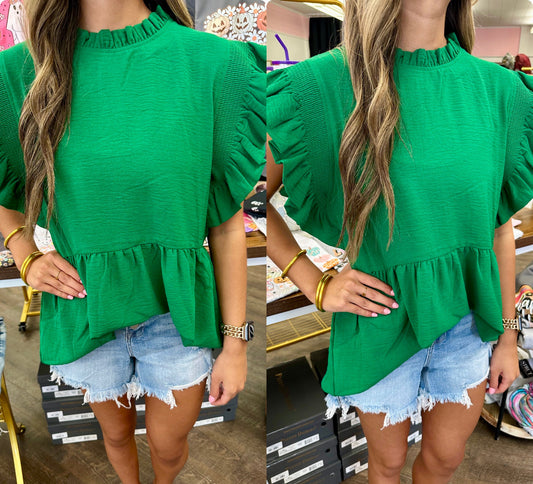 Kelly Green Baby Doll Top with Ruffle