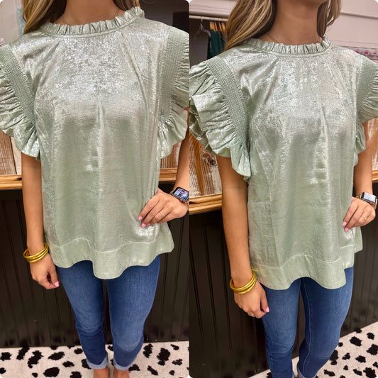 Metallic Sage Frilled Neck Top