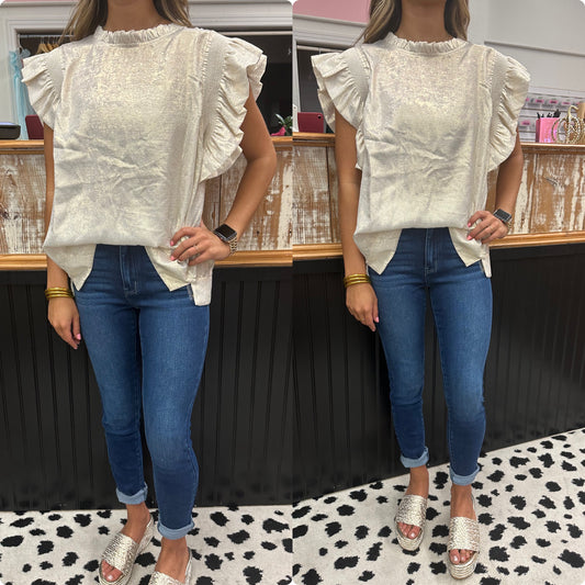 Metallic Pearl Frilled Neck Top