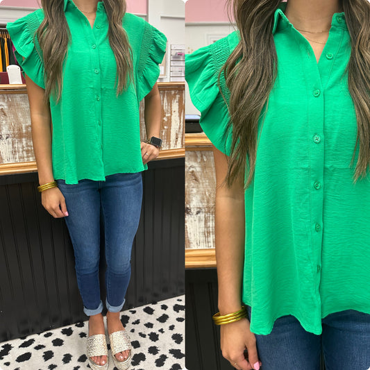 Kelly Green Smocked Ruffle Shoulder Top