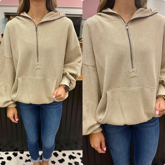 Half Zip Ribbed Knit Hoodie