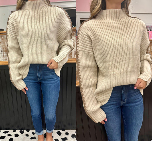 Ribbed Knit Mock Neck Top - Oatmeal