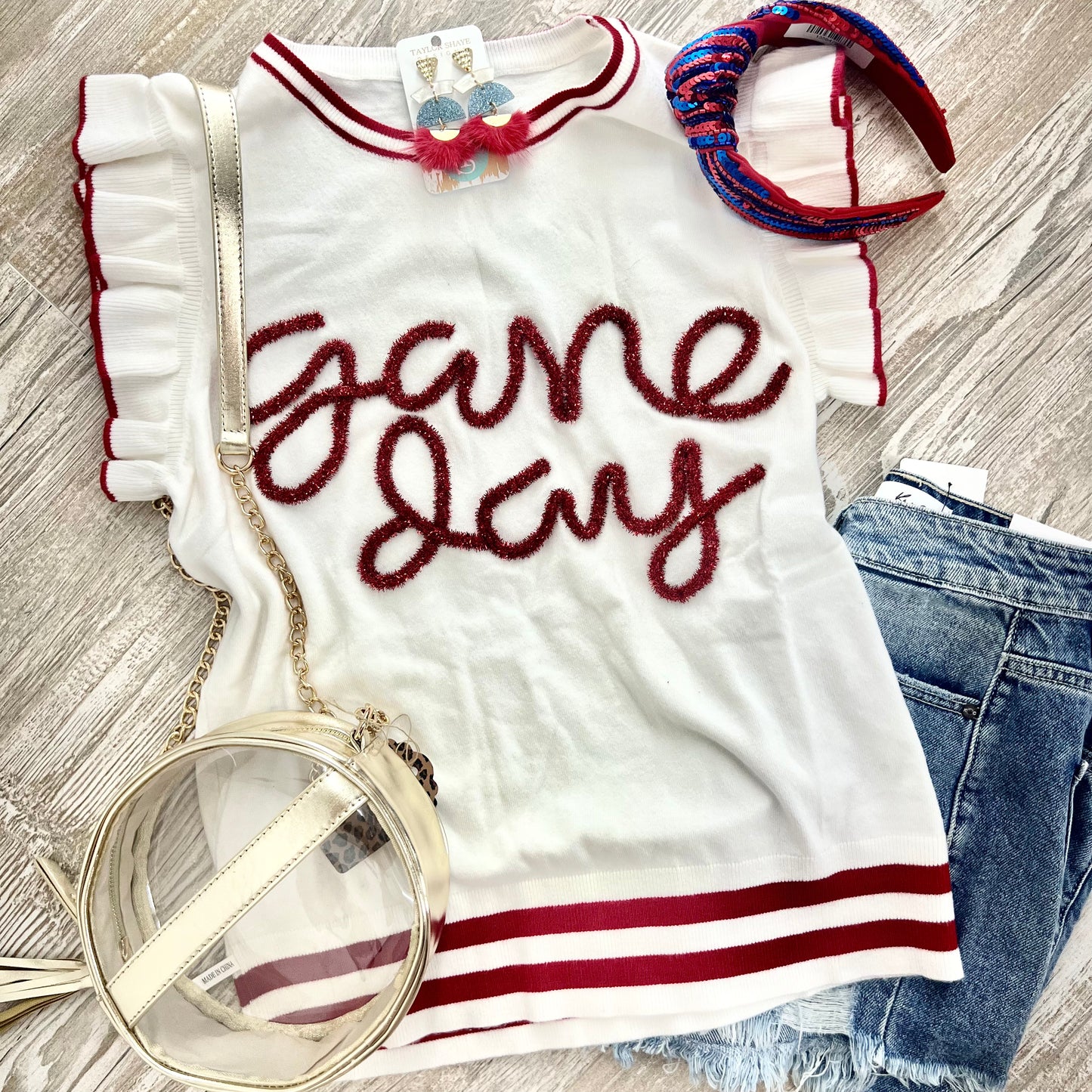 Game Day Metallic Words Ruffle Sleeve Top - Red / Ivory