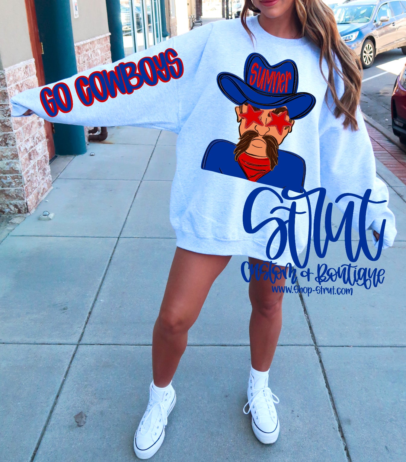 Sumner Cowboys - Front & sleeve Preppy Mascot Longsleeve or Sweatshirt