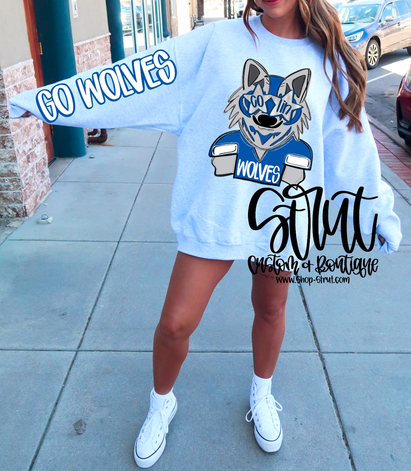 Co-Lin Wolves - Front & Sleeve Preppy Mascot Longsleeve or Sweatshirt