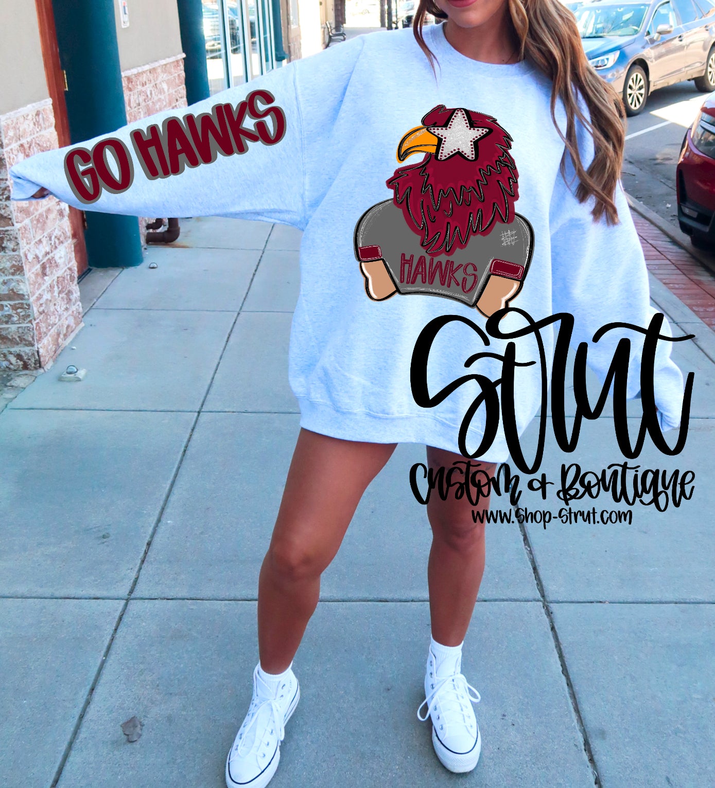Redhawks - Front & Sleeve Preppy Mascot Longsleeve or Sweatshirt