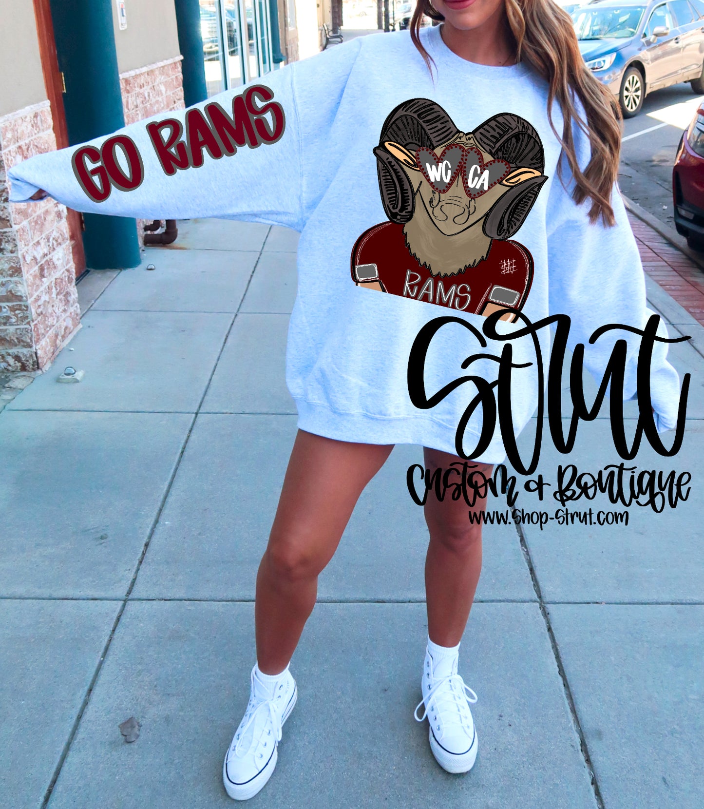 WCCA Rams - Front & Sleeve Preppy Mascot Longsleeve or Sweatshirt