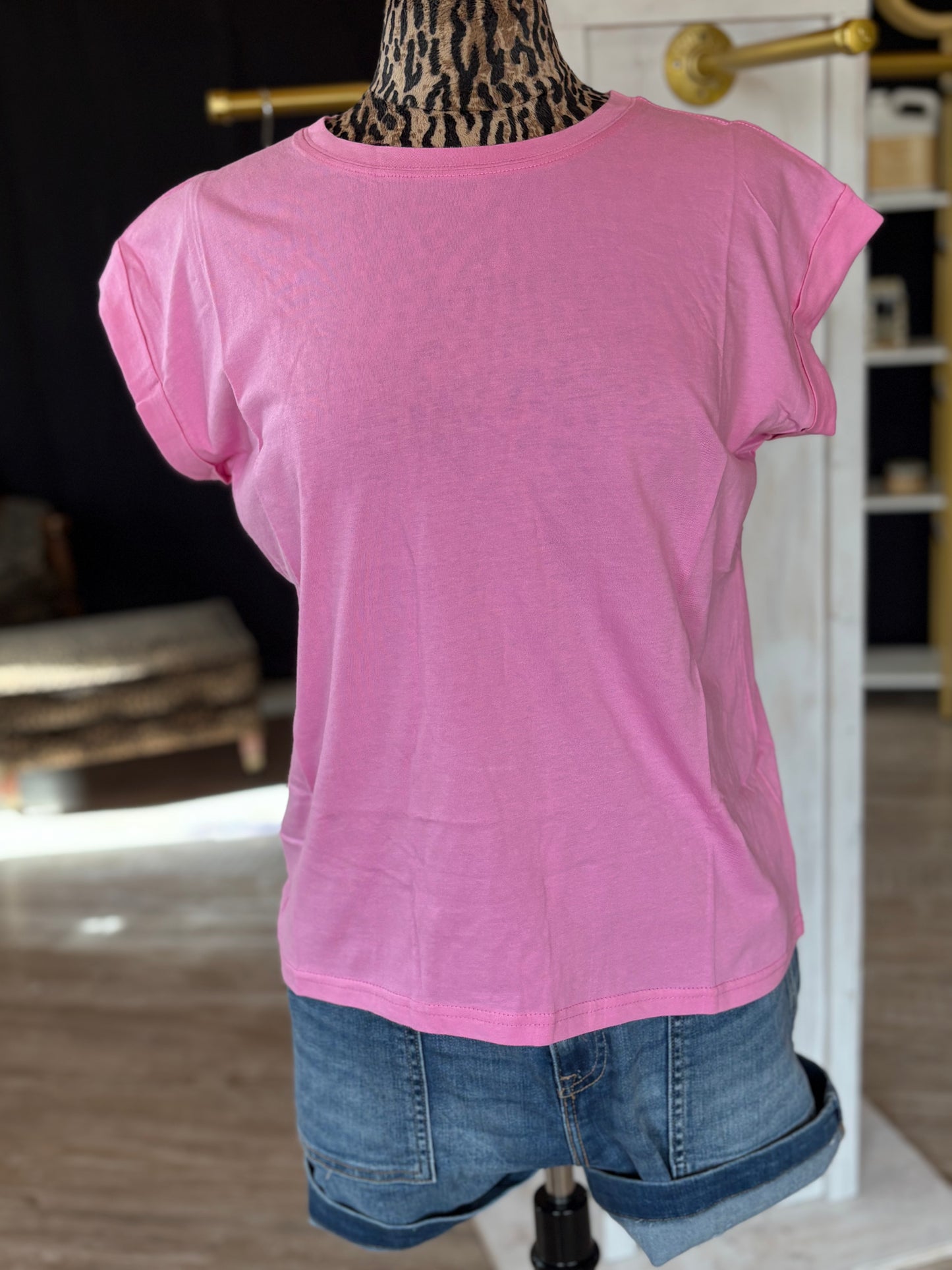 Candy Pink - Round Neck Folded Short Sleeve T-Shirt