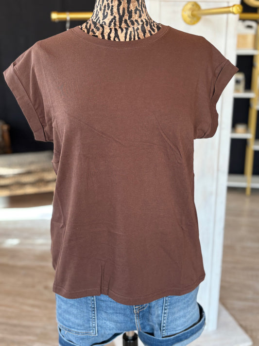 Brown - Round Neck Folded Short Sleeve T-Shirt