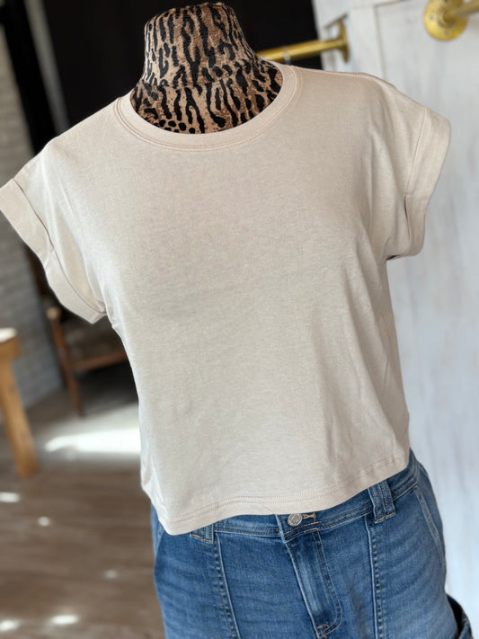 Cotton Folded Sleeve Top - Sand Beige