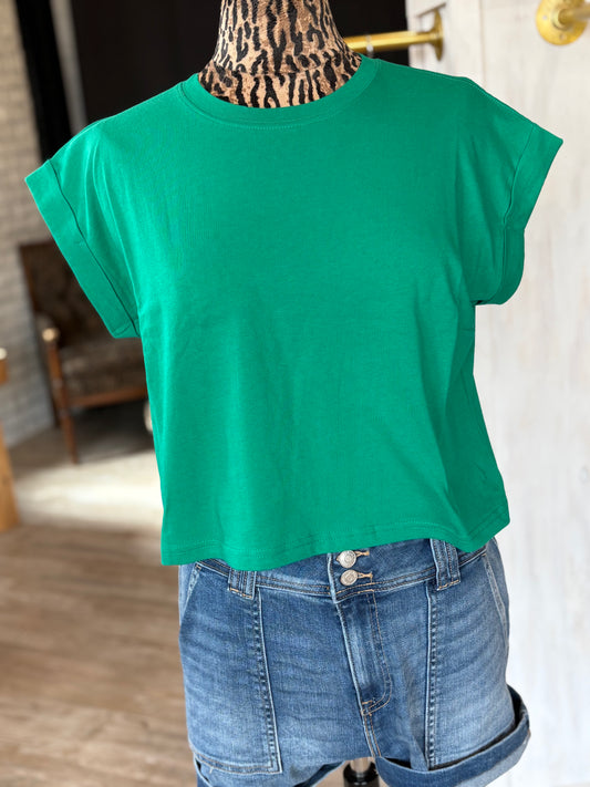Cotton Folded Sleeve Top - Kelly Green