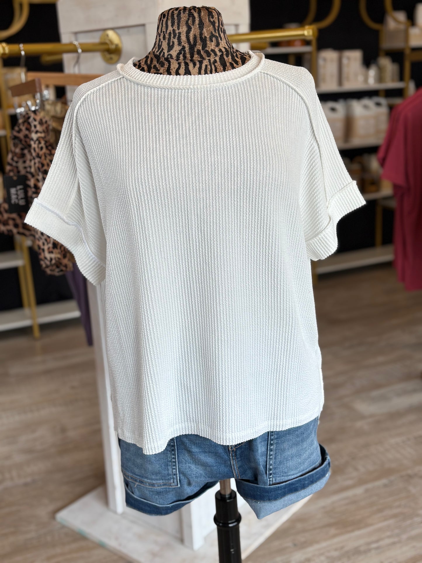 Raised Rib Cuff Sleeve Raw Edge Top - White