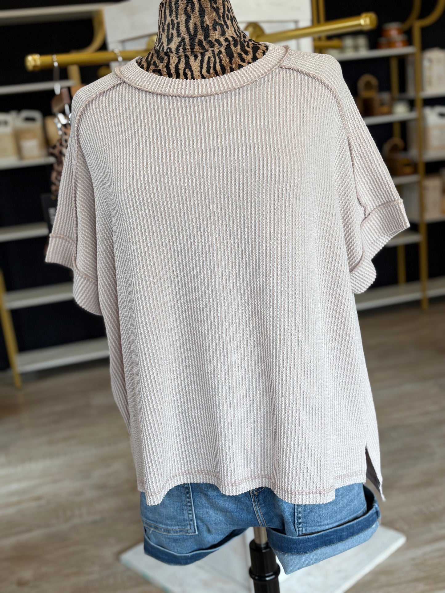 Raised Rib Cuff Sleeve Raw Edge Top - Ash Mocha