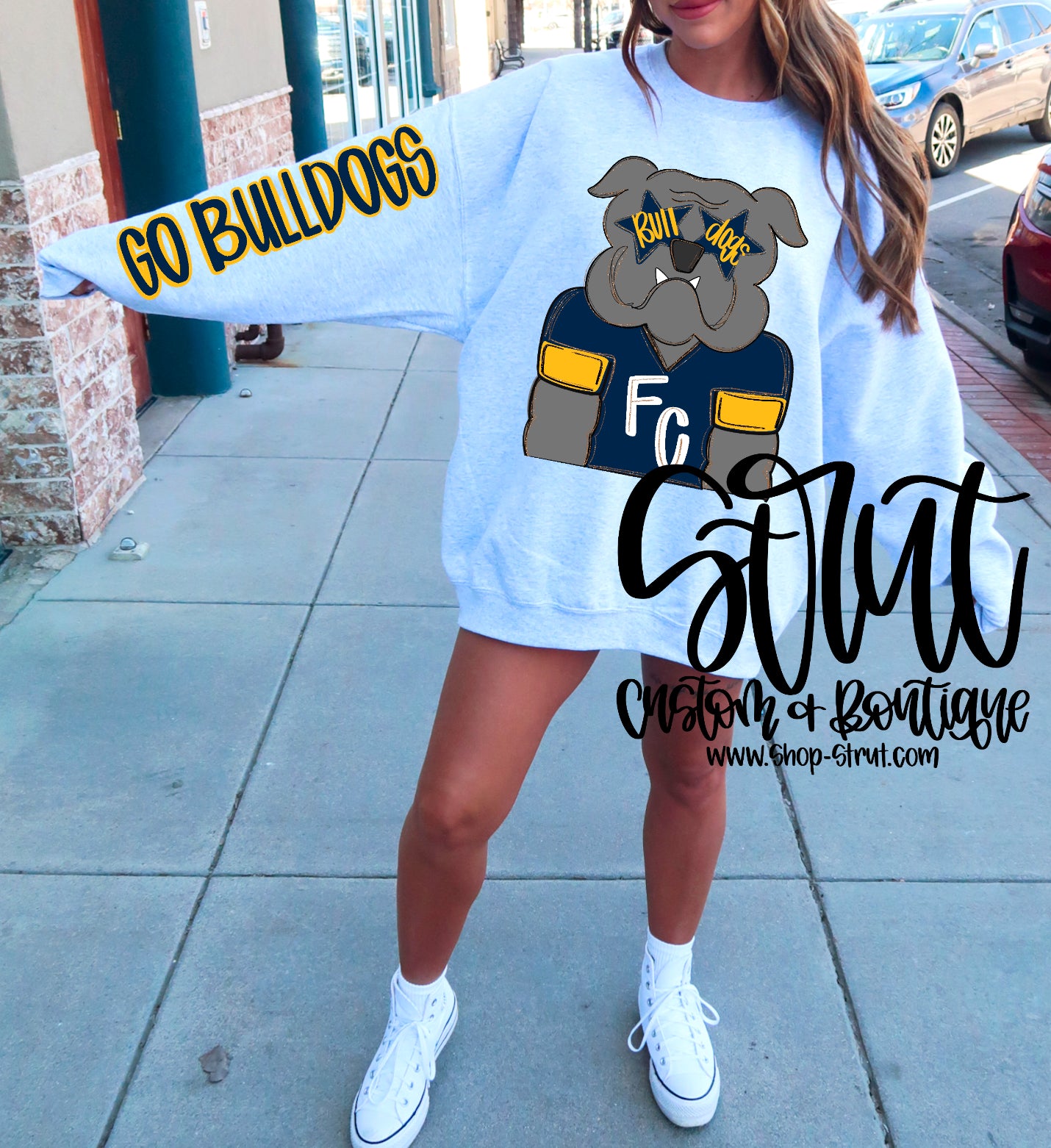 FC Bulldogs - Front & sleeve Preppy Mascot Longsleeve or Sweatshirt