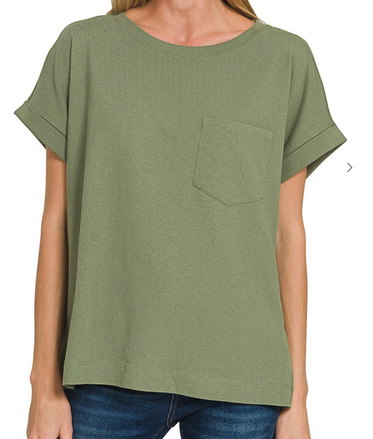 Cuffed Front Pocket Short Sleeve Tee - Light Olive