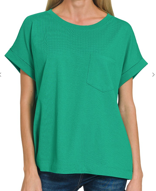Cuffed Front Pocket Short Sleeve Tee - Kelly Green