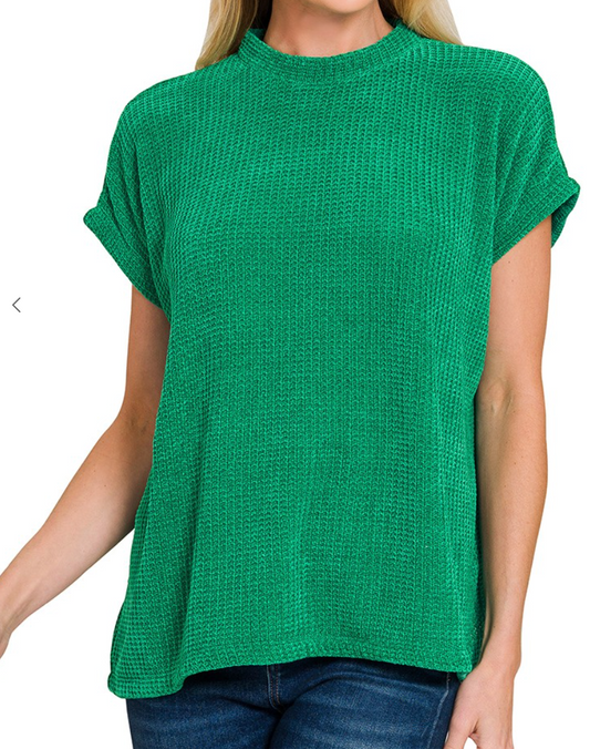 Chenille Waffle Cap Sleeve Sweater - Kelly Green