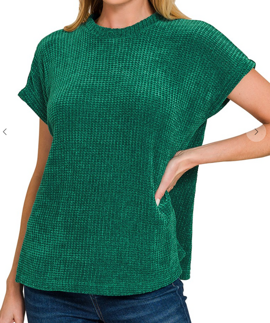 Chenille Waffle Cap Sleeve Sweater - Hunter Green