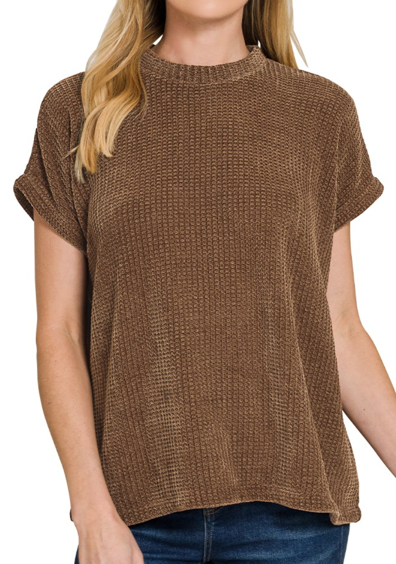 Chenille Waffle Cap Sleeve Sweater - Brown
