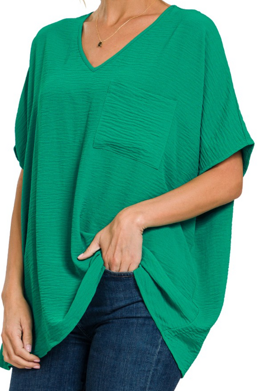 Woven Airflow V-Neck Dolman Short Sleeve Top - Kelly Green