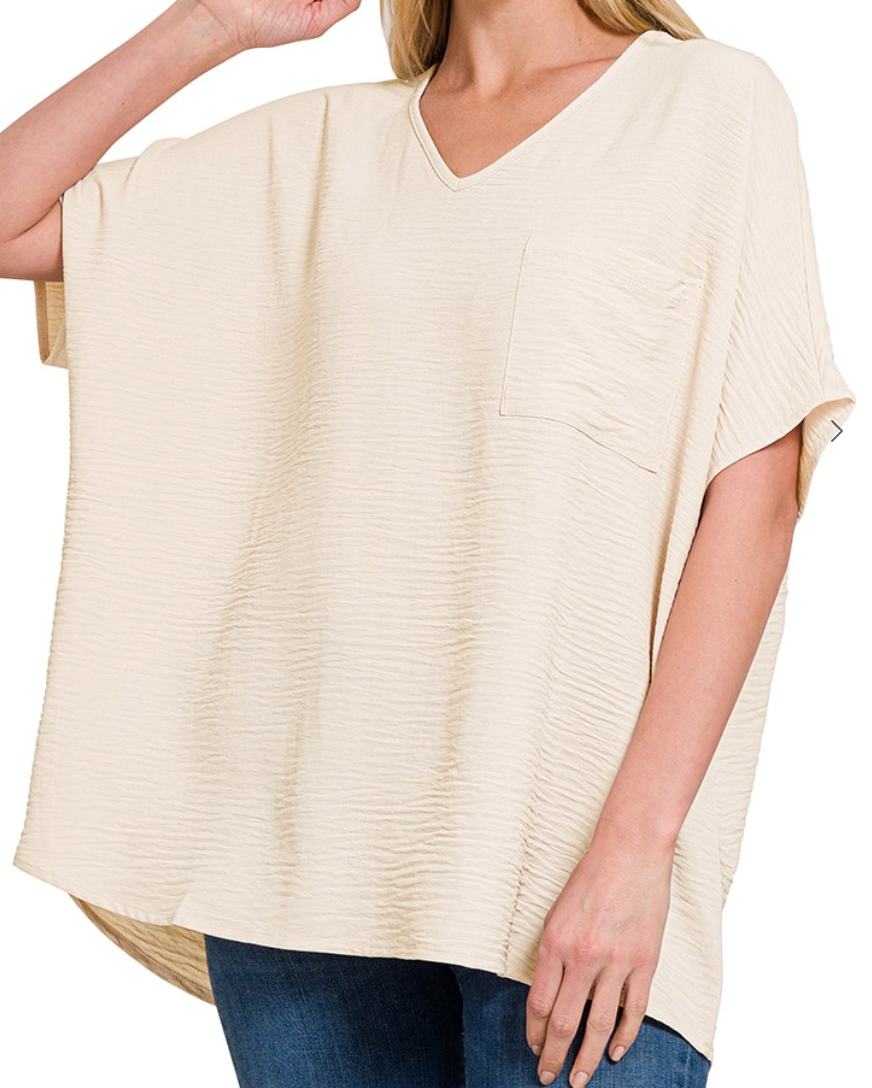 Woven Airflow V-Neck Dolman Short Sleeve Top - Sand Beige