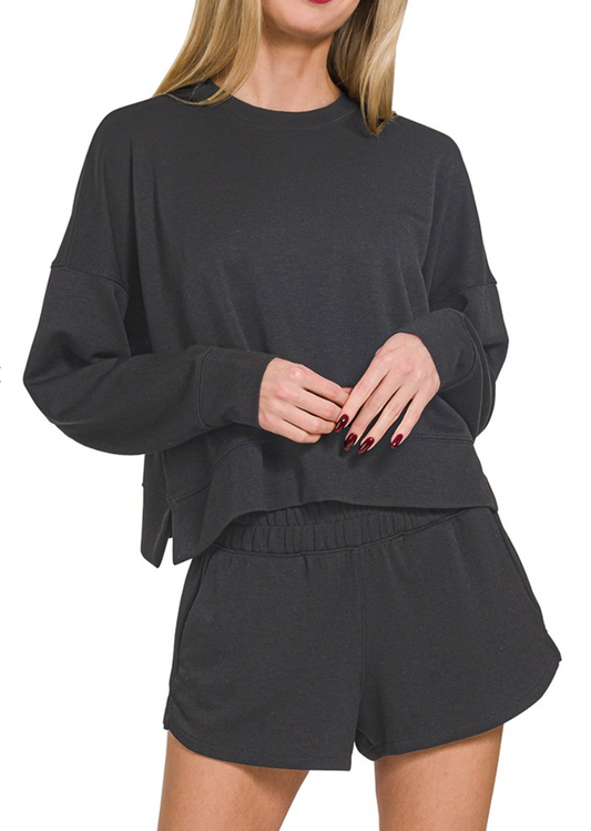Scuba Long Sleeve Sweatshirt & Shorts Set - Black