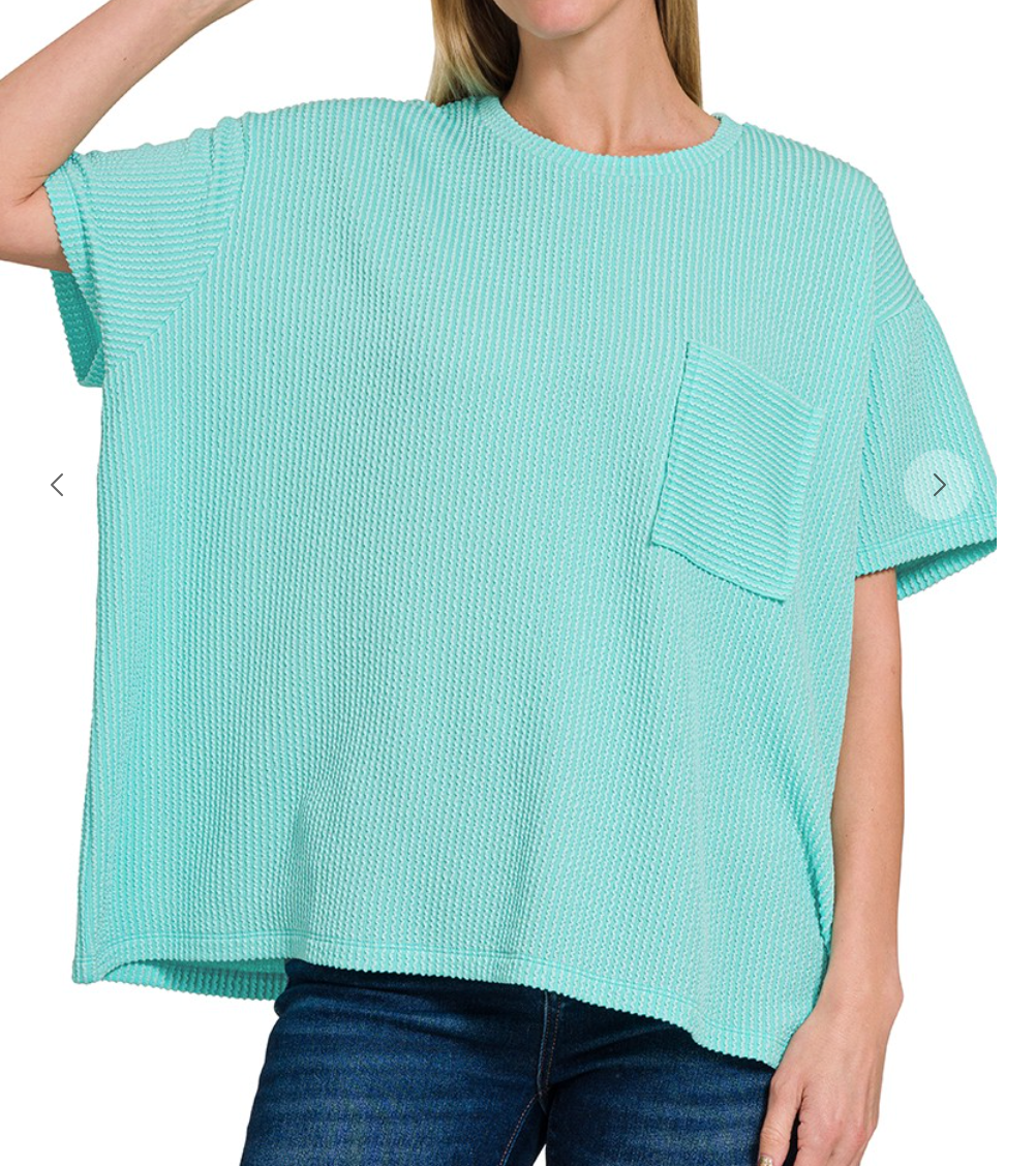 Raised Rib Short Sleeve Front Pocket Top - Mint