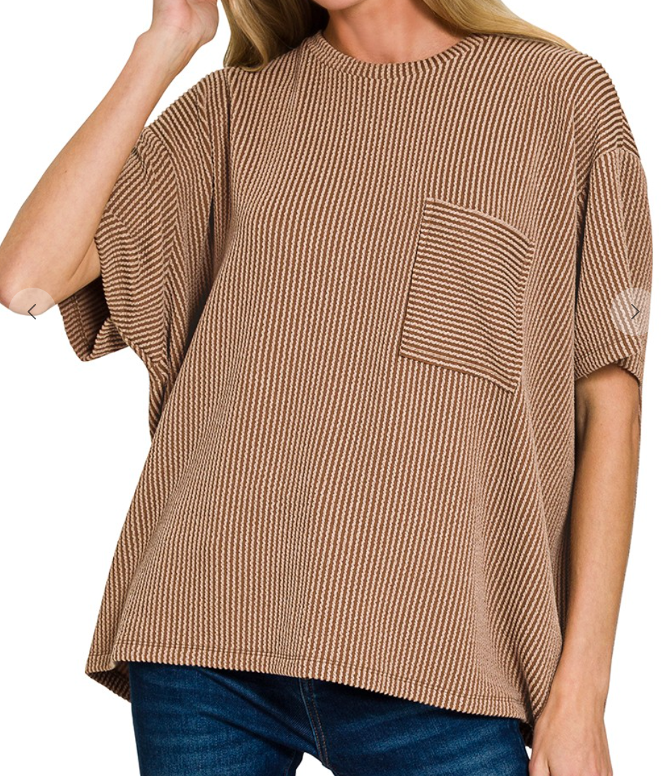 Raised Rib Short Sleeve Front Pocket Top - Brown