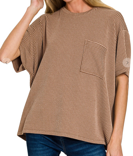 Raised Rib Short Sleeve Front Pocket Top - Brown
