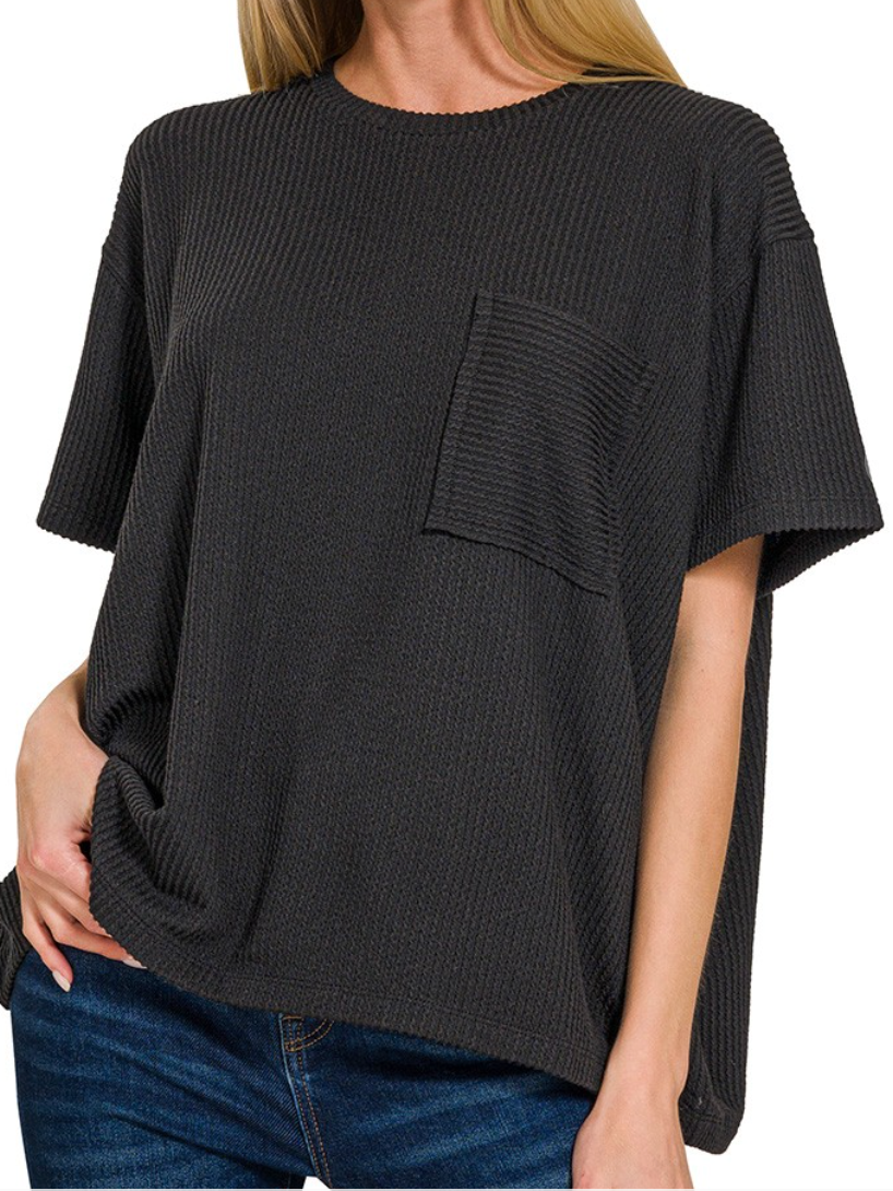 Raised Rib Short Sleeve Front Pocket Top - Black