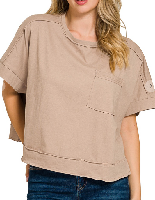 Ash Mocha - Oversized Cropped Pocket Top