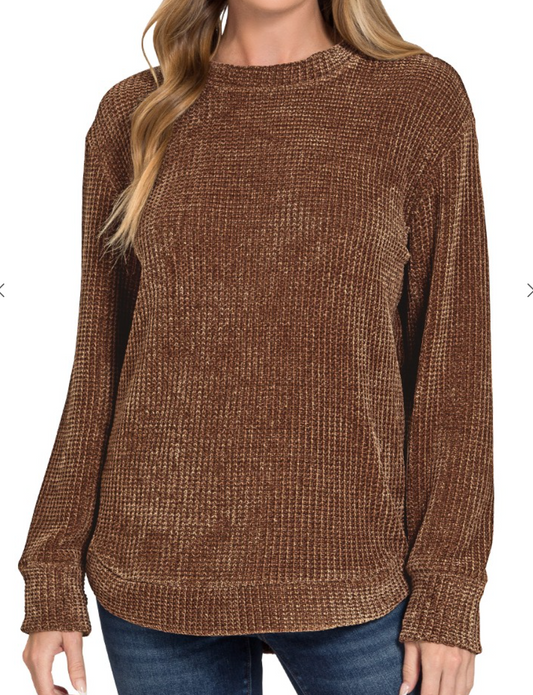 Chenille Waffle Round Neck Sweater - Brown