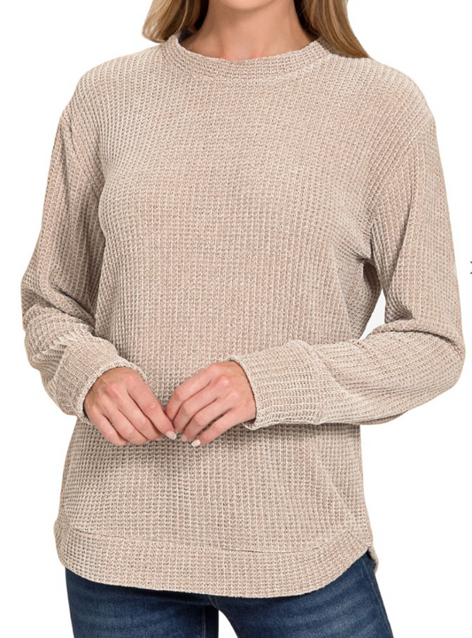 Chenille Waffle Round Neck Sweater - Ash Mocha