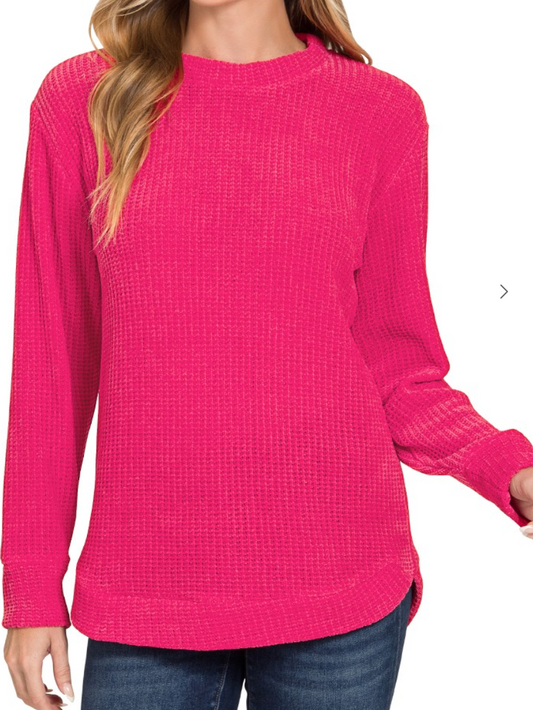Chenille Waffle Round Neck Sweater - Hot Pink