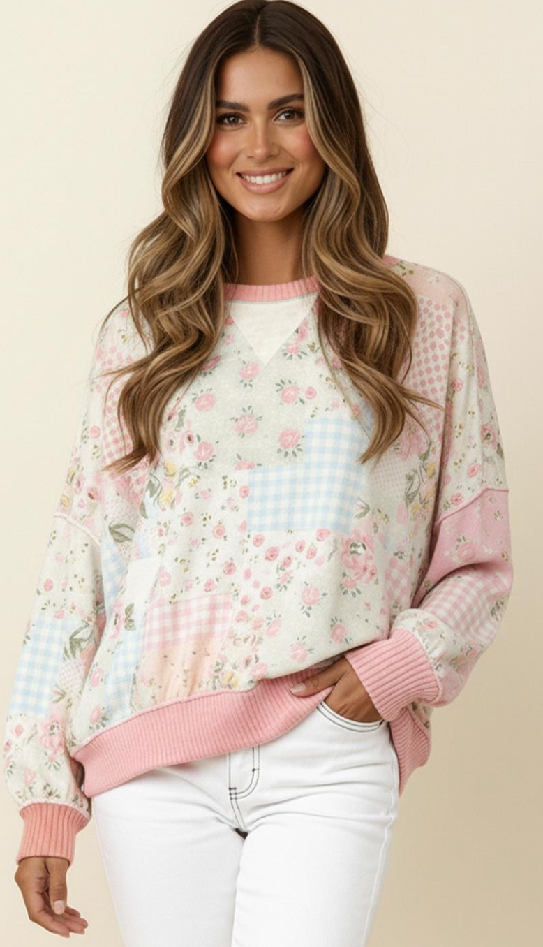 Triangle Oversized Long Sleeve Patchwork Top - Blush/Pink
