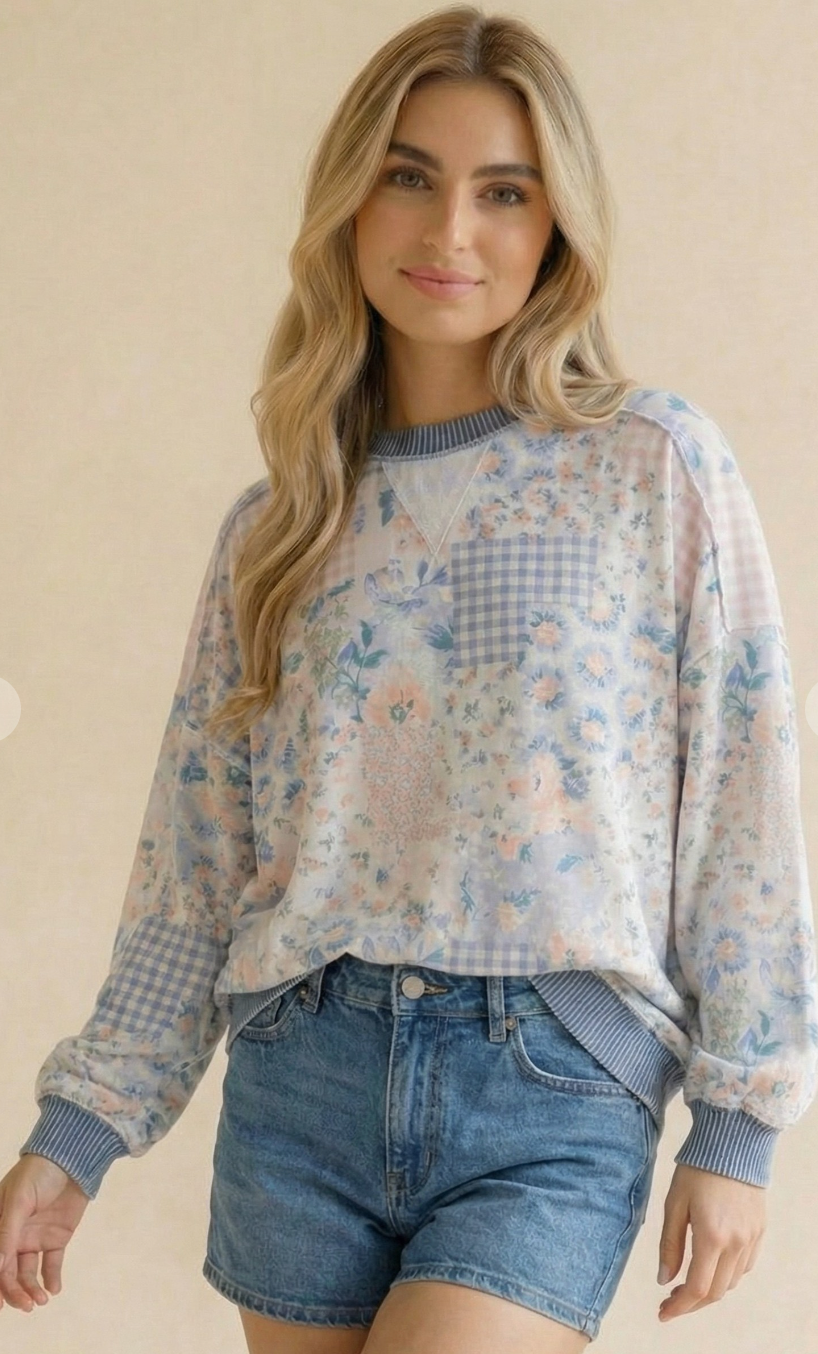 Triangle Oversized Long Sleeve Patchwork Top - Light Blue/Denim