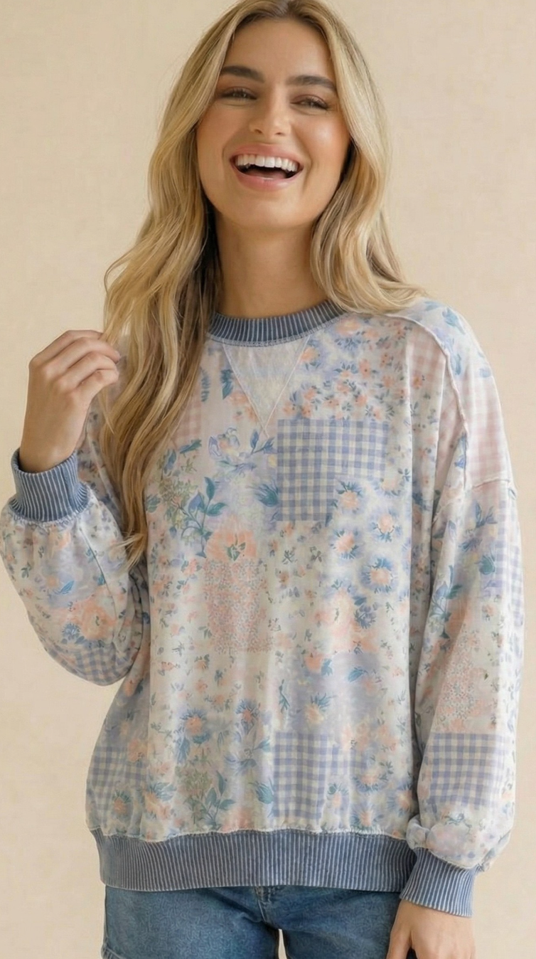 Triangle Oversized Long Sleeve Patchwork Top - Light Blue/Denim