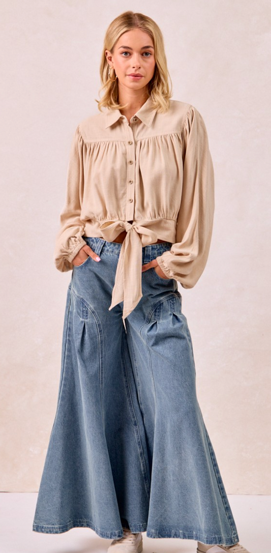 Linen Viscose Tie Hem Detail Crop Blouse