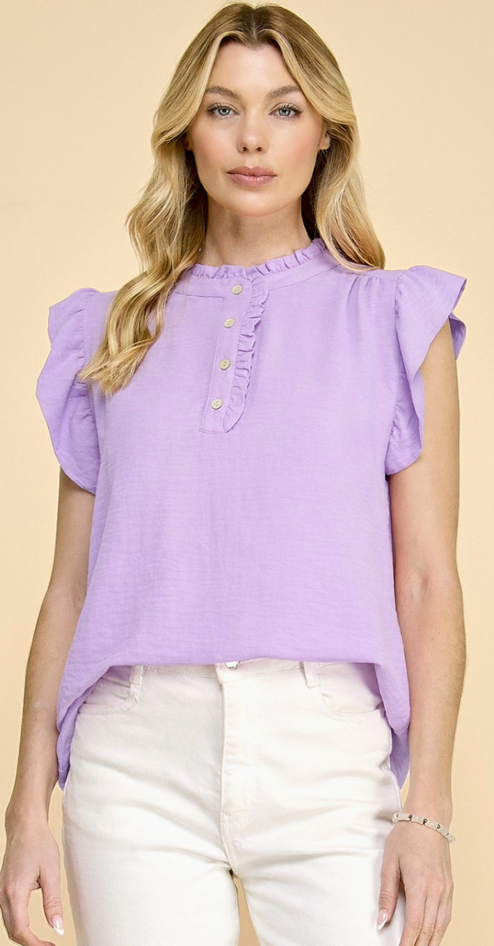 Short Sleeves With Ruffled Button Neck Detail - Lavender