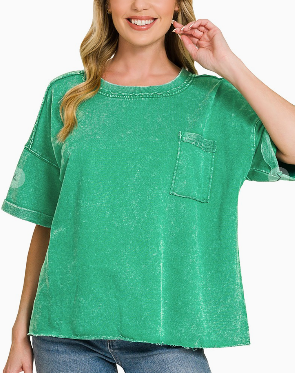 French Terry Acid Washed Exposed Seam T-shirt - Kelly Green
