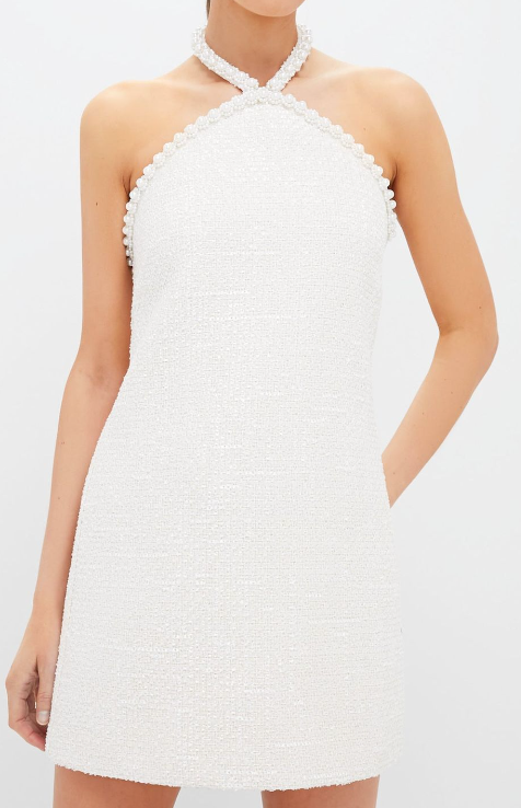Tweed Pearl Embellished Trim A Line Halter Dress