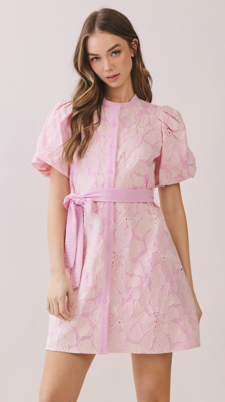Floral Eyelet Pattern Button Front Mini Dress