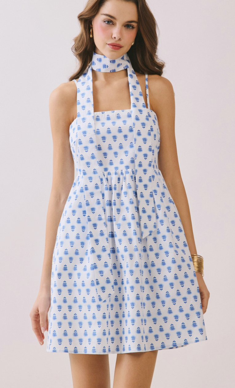 Printed Matching Scarf Detail A Line Mini Dress