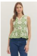 Green and White Geometric Print Sleeveless Peplum Top