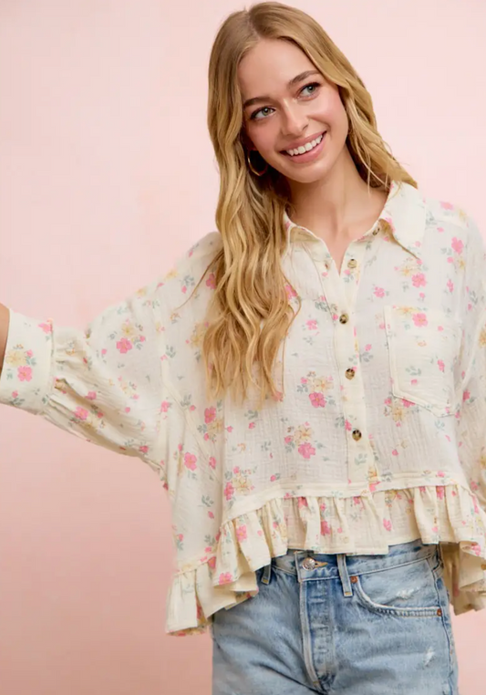 Floral Crinkle Quarter Sleeve Ruffle Hem Top