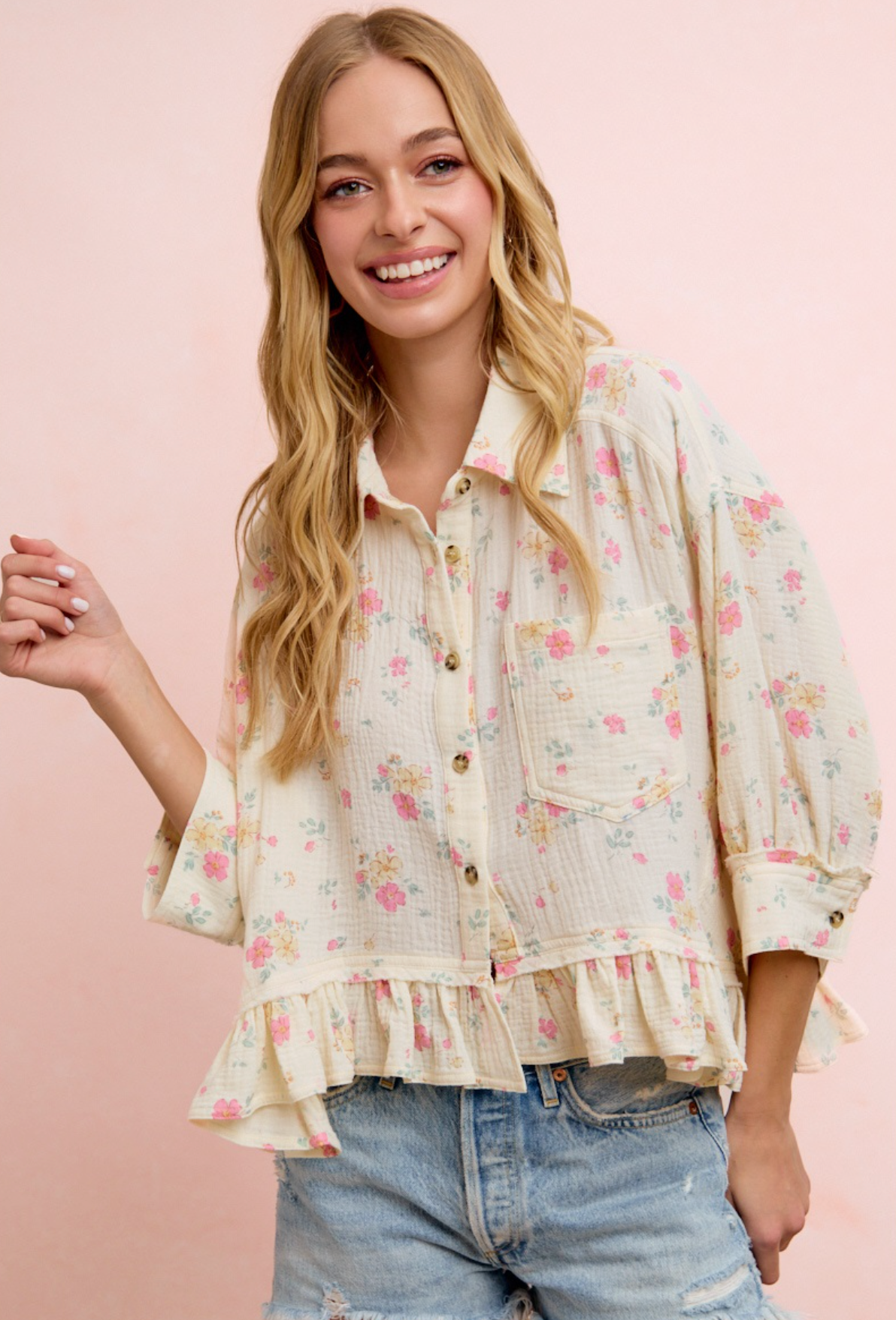 Floral Crinkle Quarter Sleeve Ruffle Hem Top
