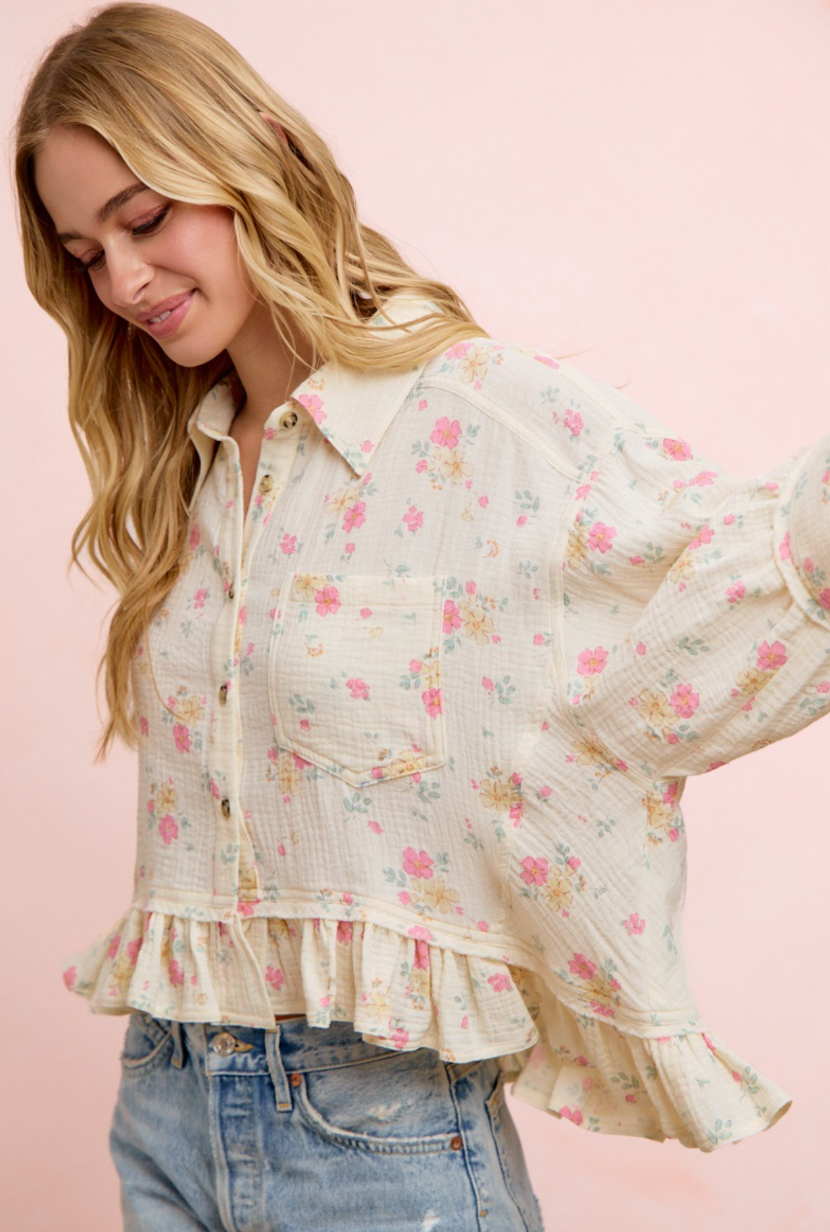 Floral Crinkle Quarter Sleeve Ruffle Hem Top