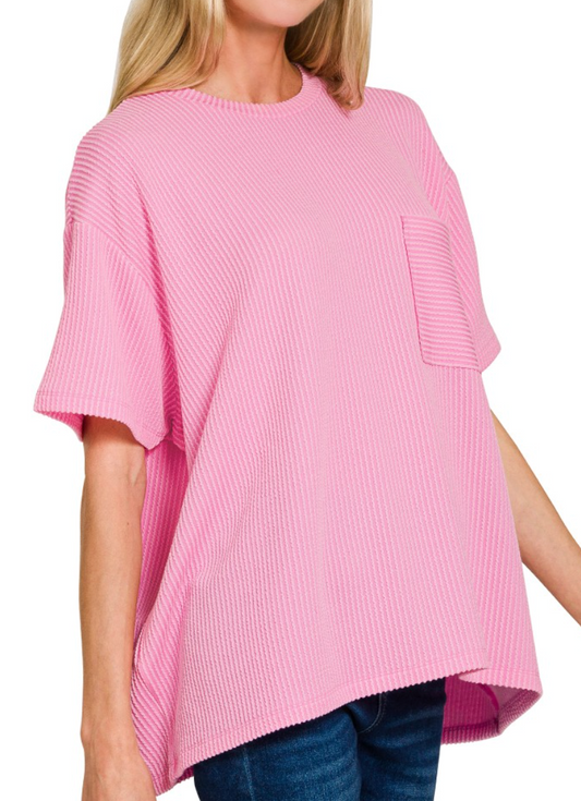 Raised Rib Short Sleeve Front Pocket Top - Pink